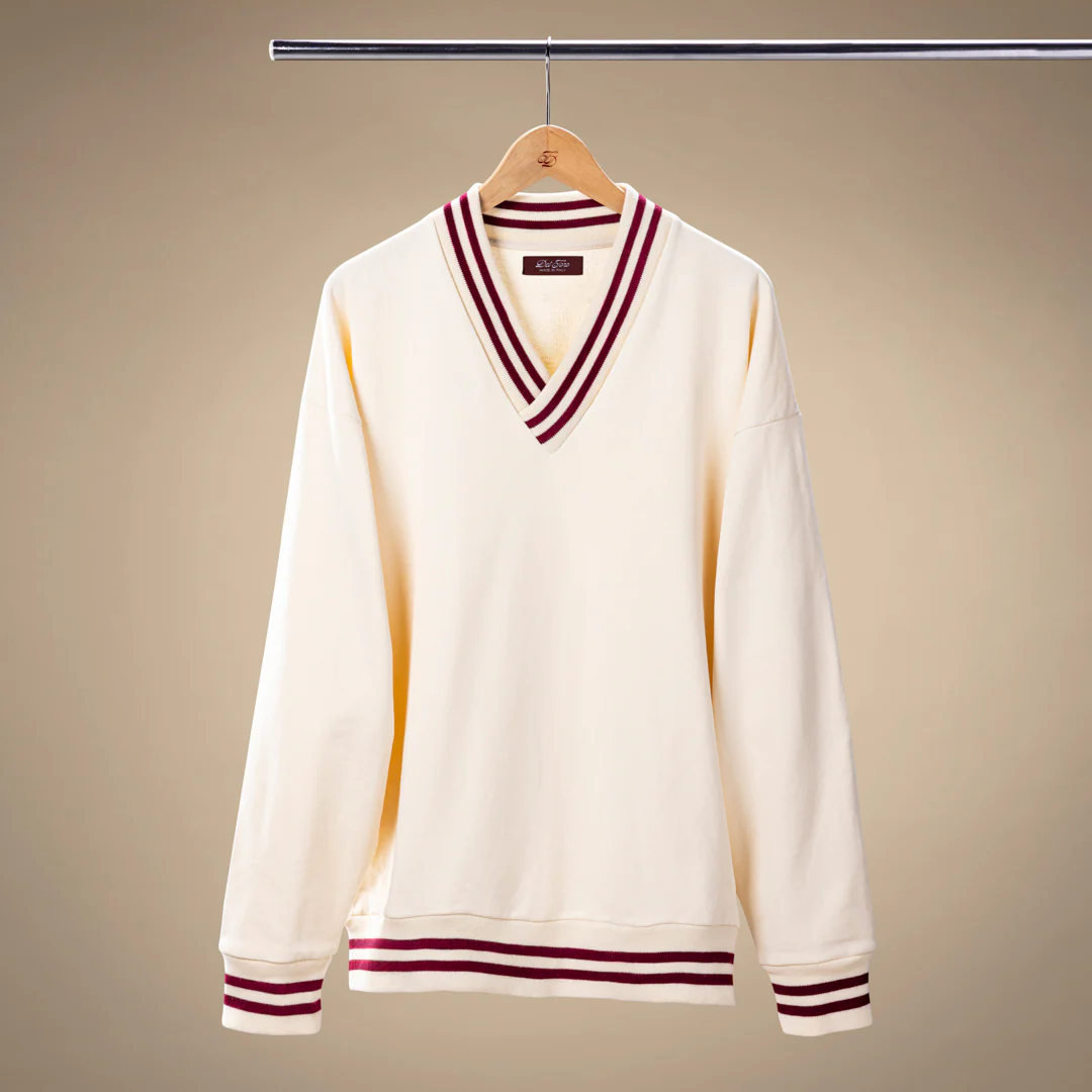 Vintage Club V-Neck Sweatshirt - Panna / Burgundy Trim