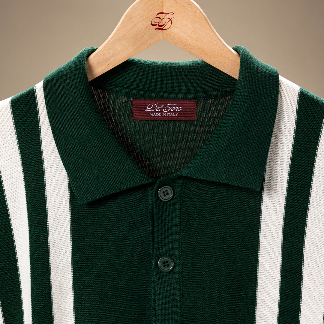Men's Vintage Stripe Polo Cardigan - Green/ Cream Stripe - Image 3