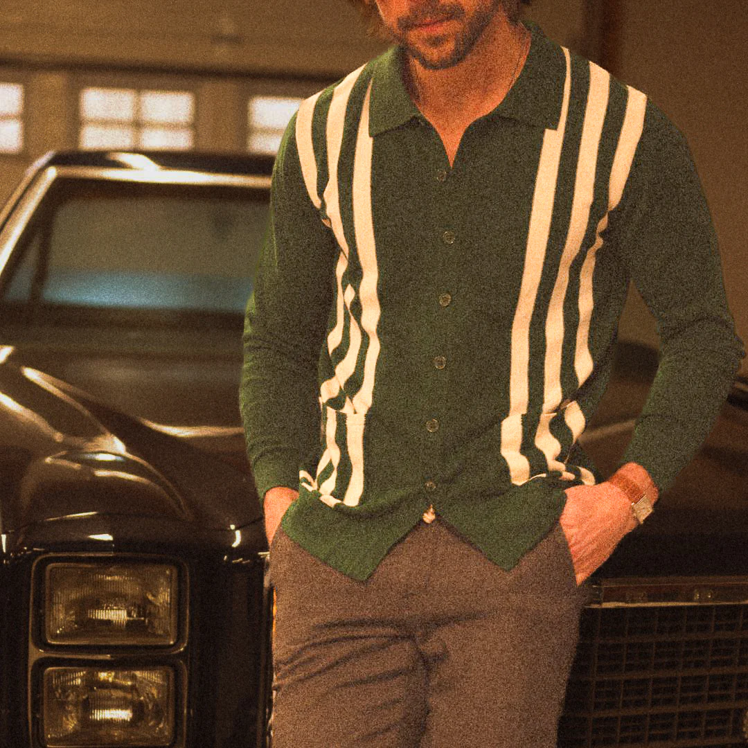 Men's Vintage Stripe Polo Cardigan - Green/ Cream Stripe - Image 4
