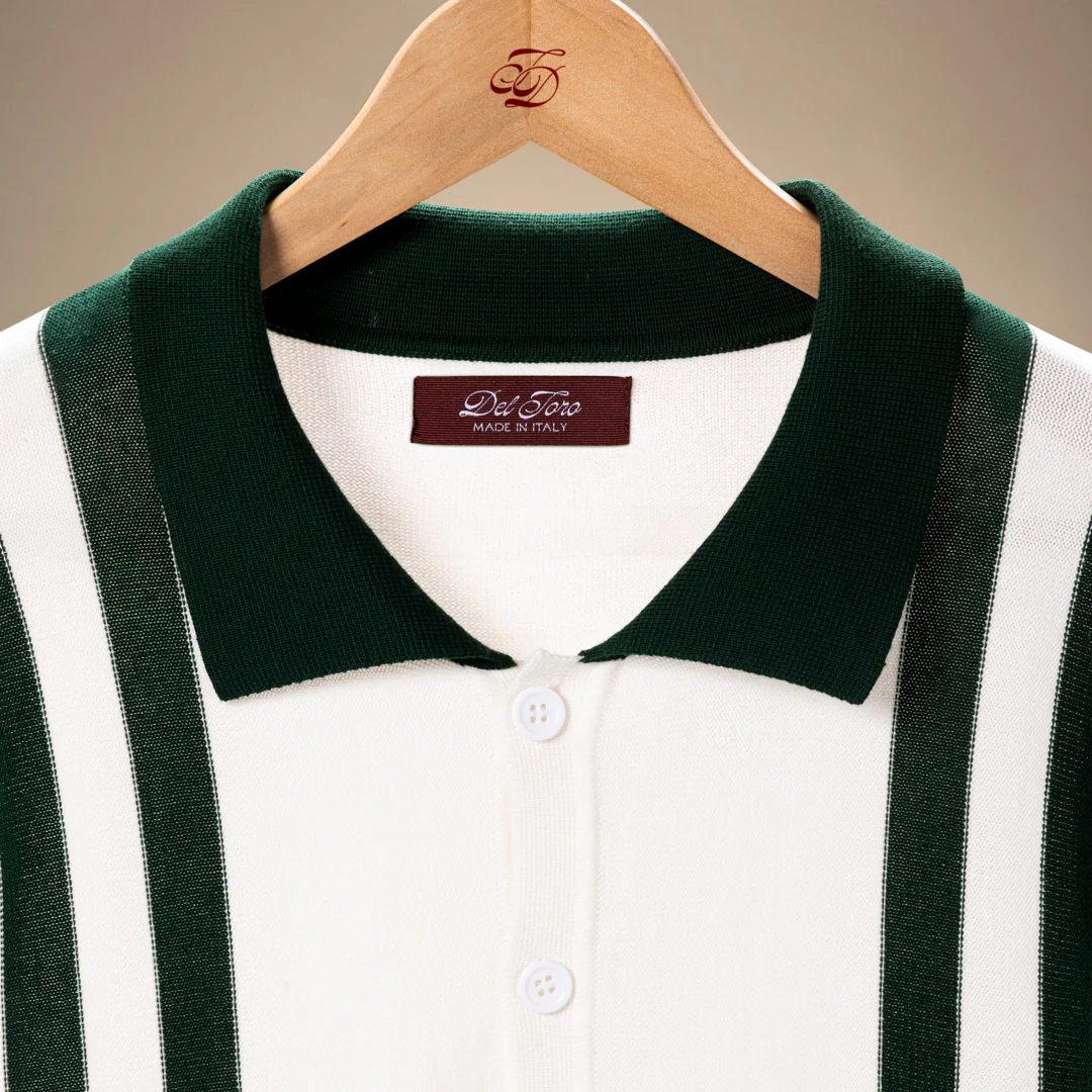 Men's Vintage Stripe Polo Cardigan - Vintage White / Forest Stripe - Image 3