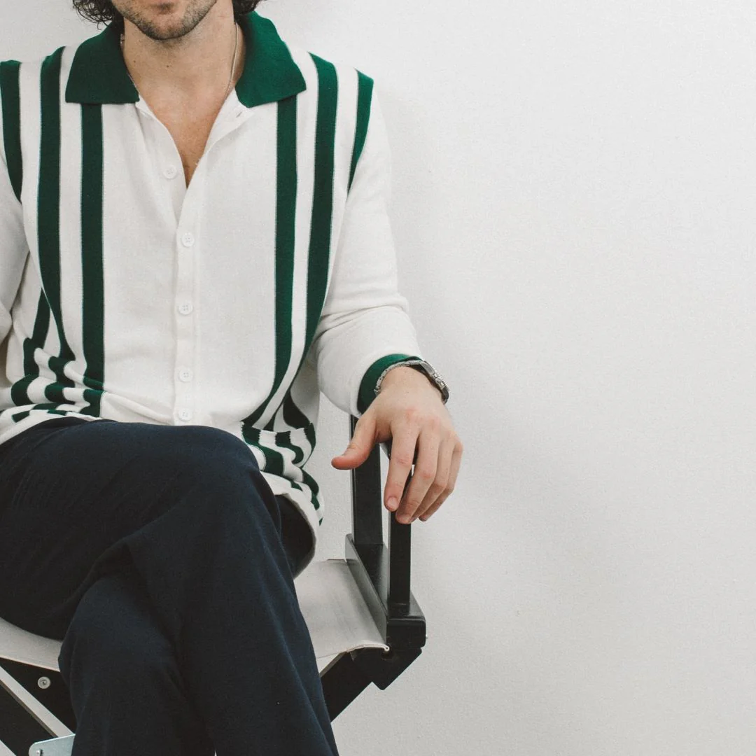 Men's Vintage Stripe Polo Cardigan - Vintage White / Forest Stripe - Image 4