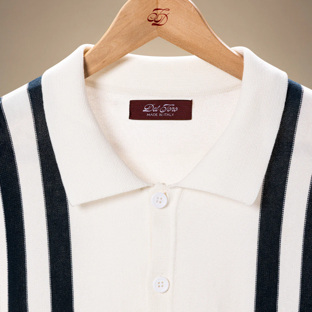 Men's Vintage Stripe Polo Cardigan - Vintage White / Oceana Stripe - Image 3