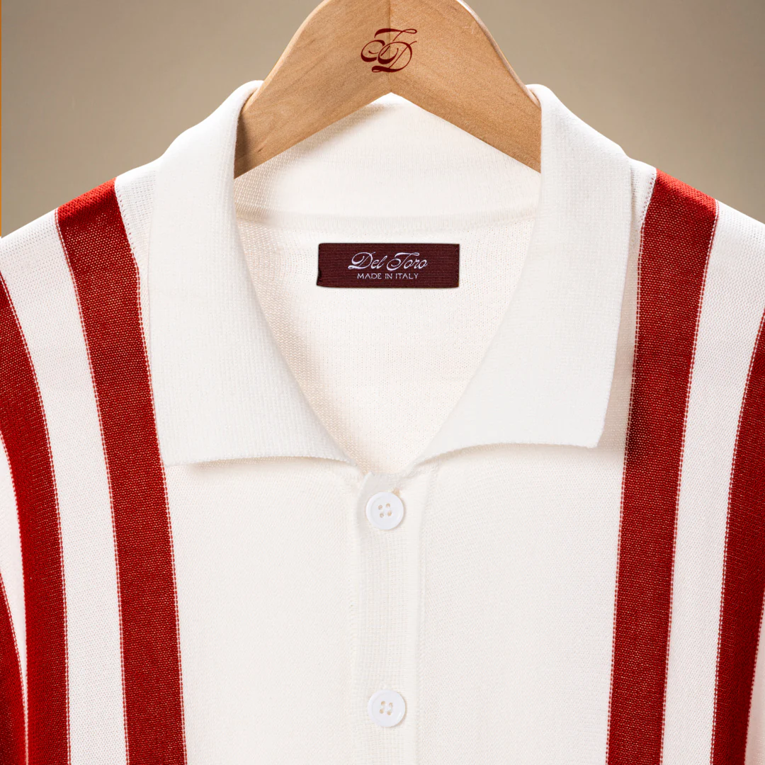 Men's Vintage Stripe Polo Cardigan - Vintage White / Red Stripe - Image 3