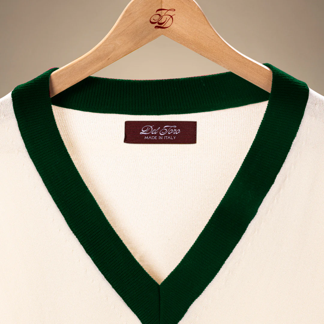 Men's Vintage V-Neck Sweater - Vintage White / Forest Green - Image 3