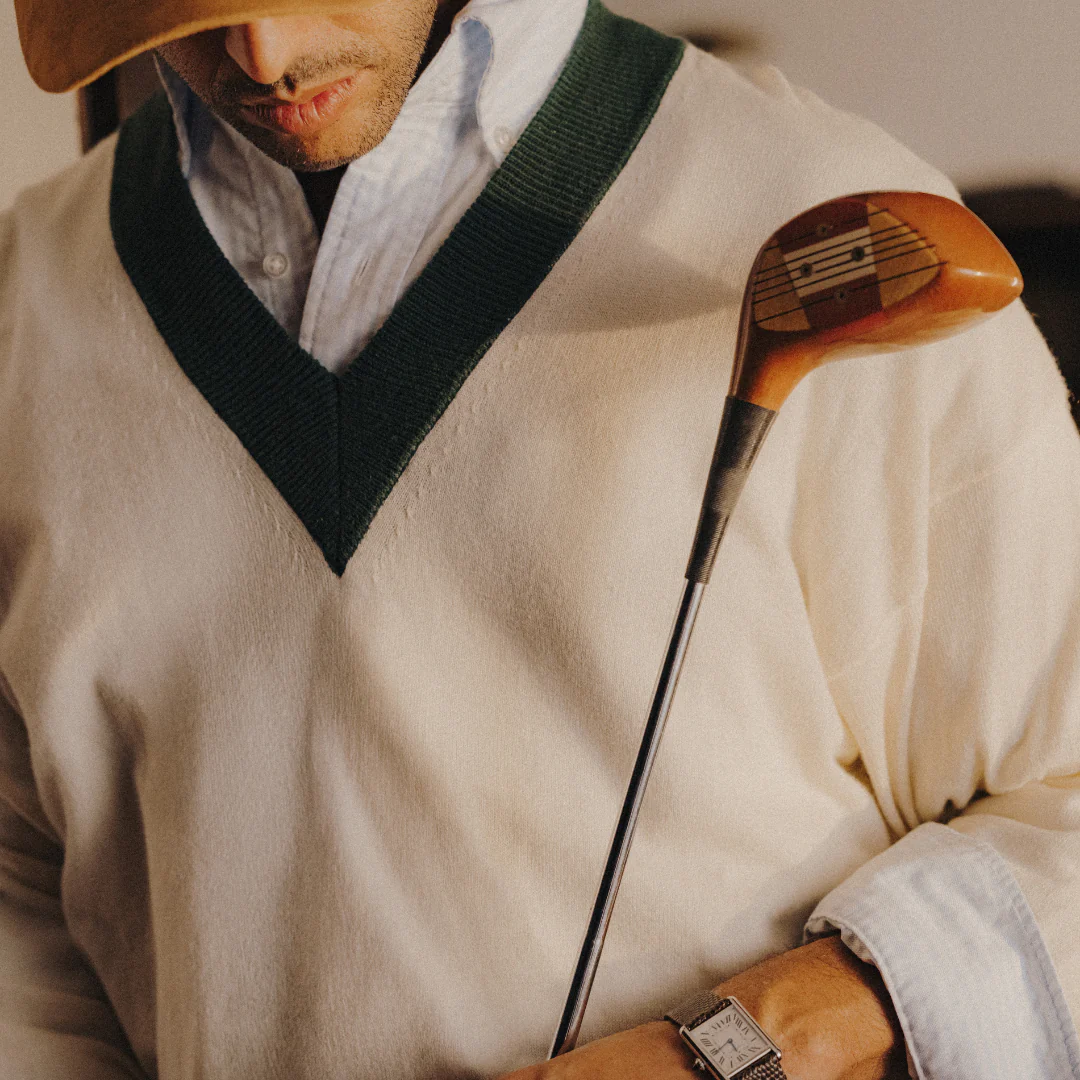 Men's Vintage V-Neck Sweater - Vintage White / Forest Green - Image 4