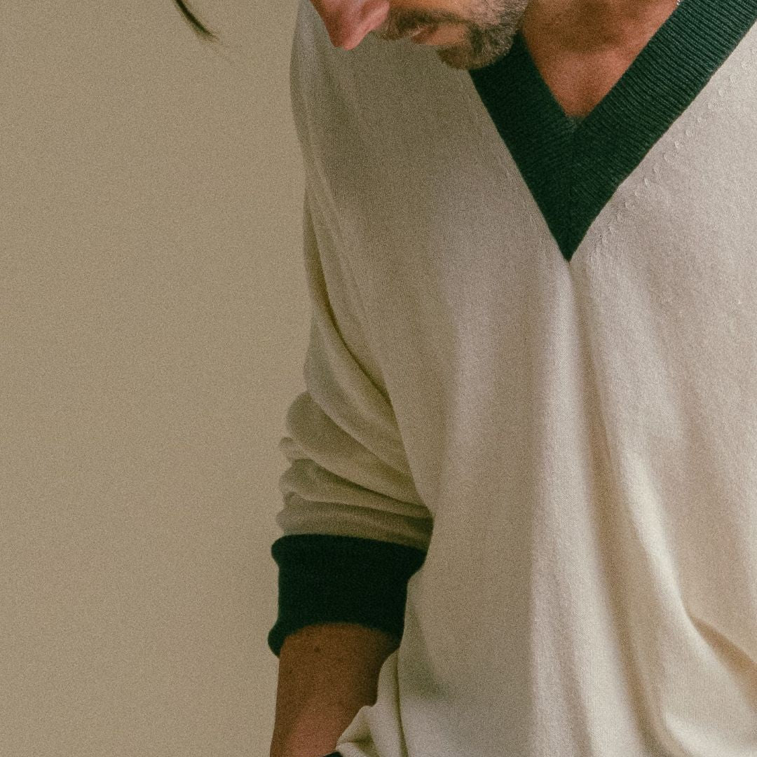 Men's Vintage V-Neck Sweater - Vintage White / Forest Green - Image 5