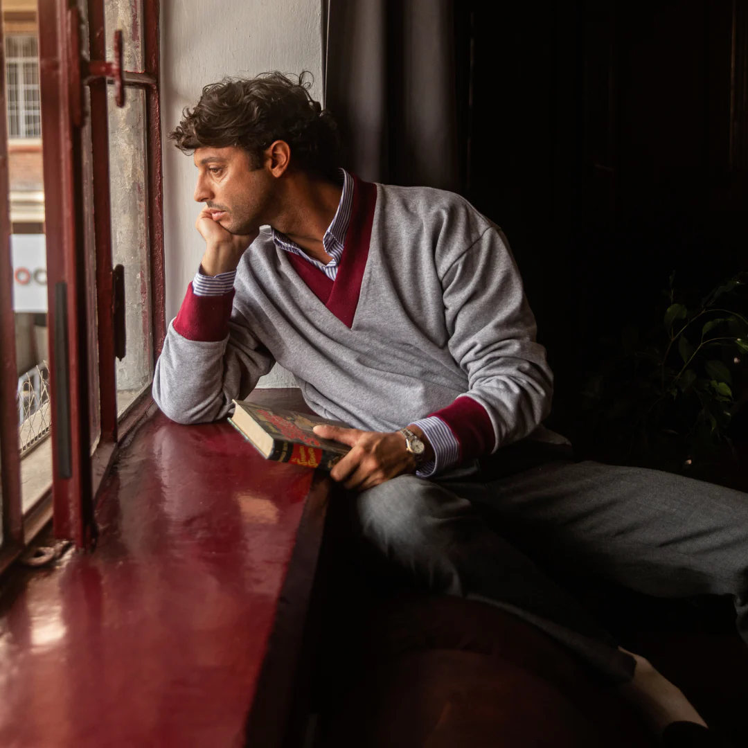 Vintage V-Neck Sweatshirt - Heather Grey / Burgundy Trim - Image 2