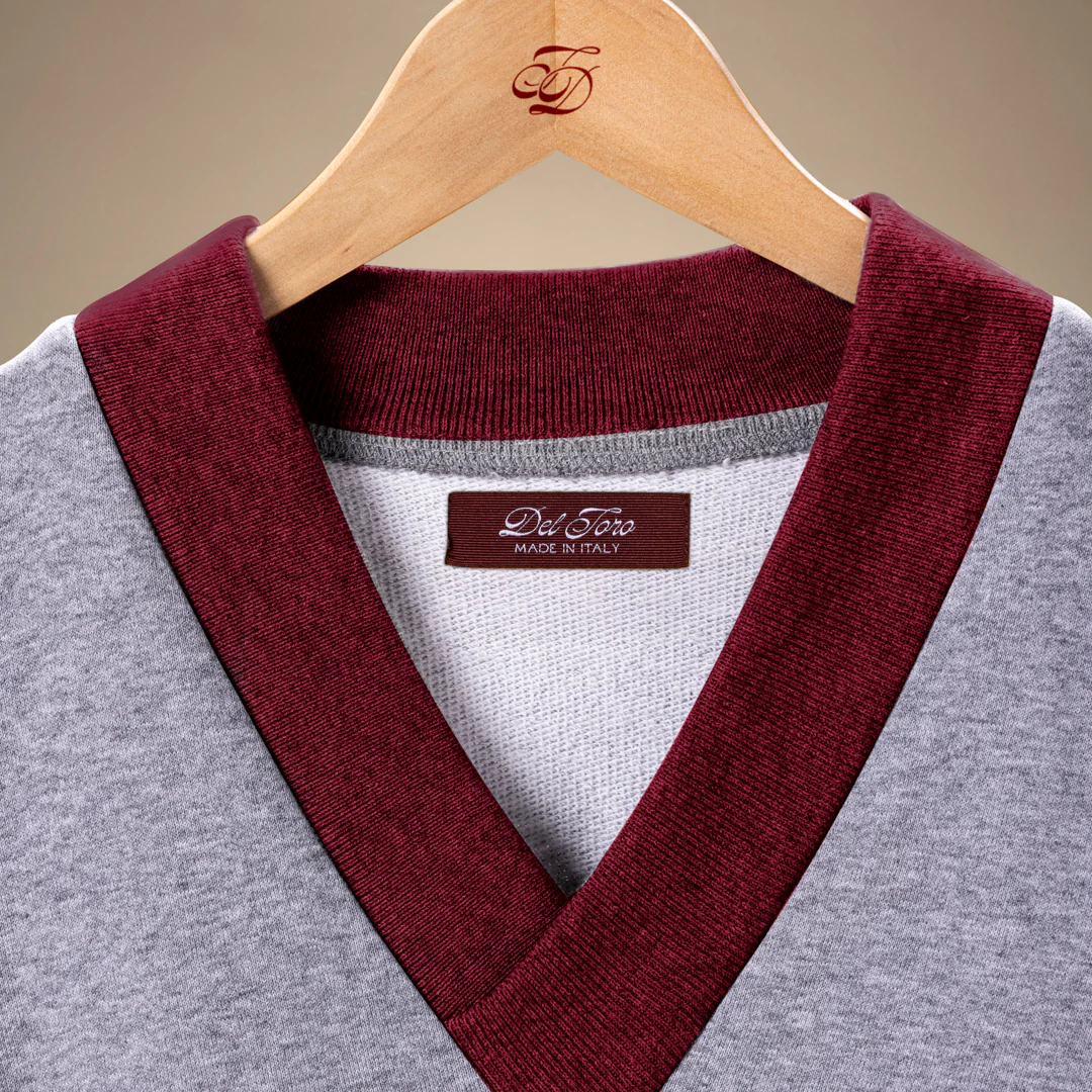 Vintage V-Neck Sweatshirt - Heather Grey / Burgundy Trim - Image 3