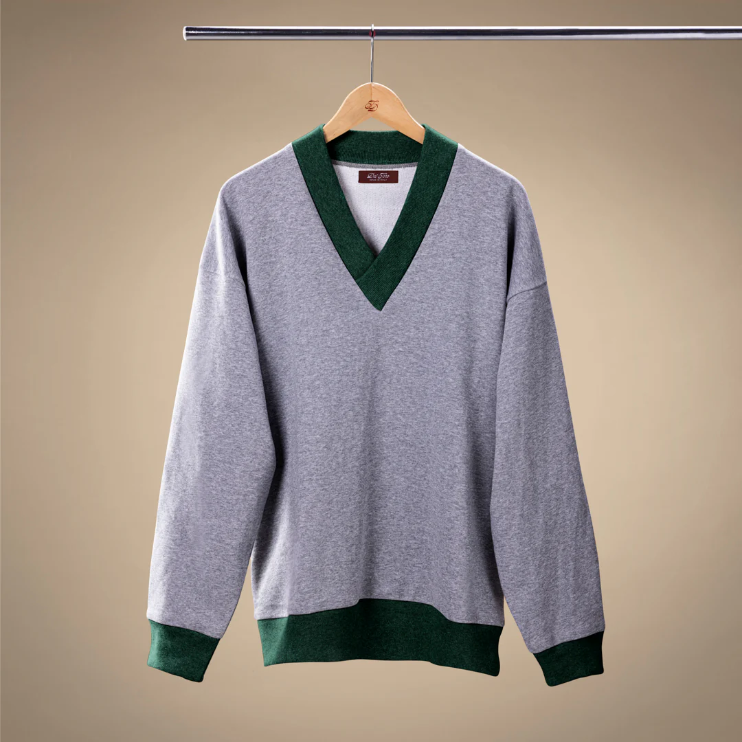 Vintage V-Neck Sweatshirt - Heather Grey / Forest Trim