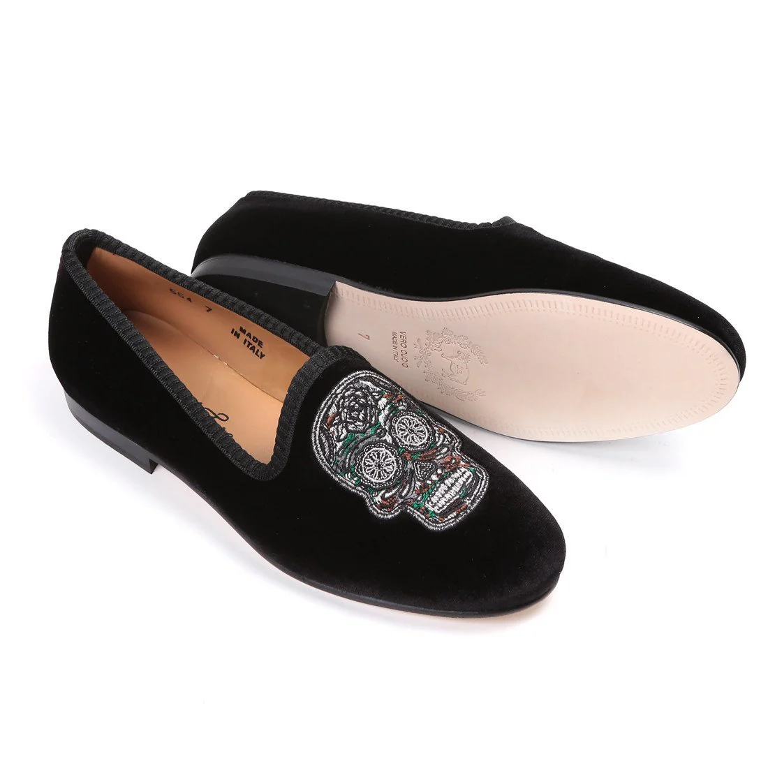 Women's Black Velvet Green Camo Skull Slipper - Image 5