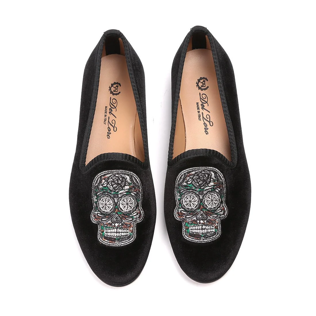 Women's Black Velvet Green Camo Skull Slipper - Image 8