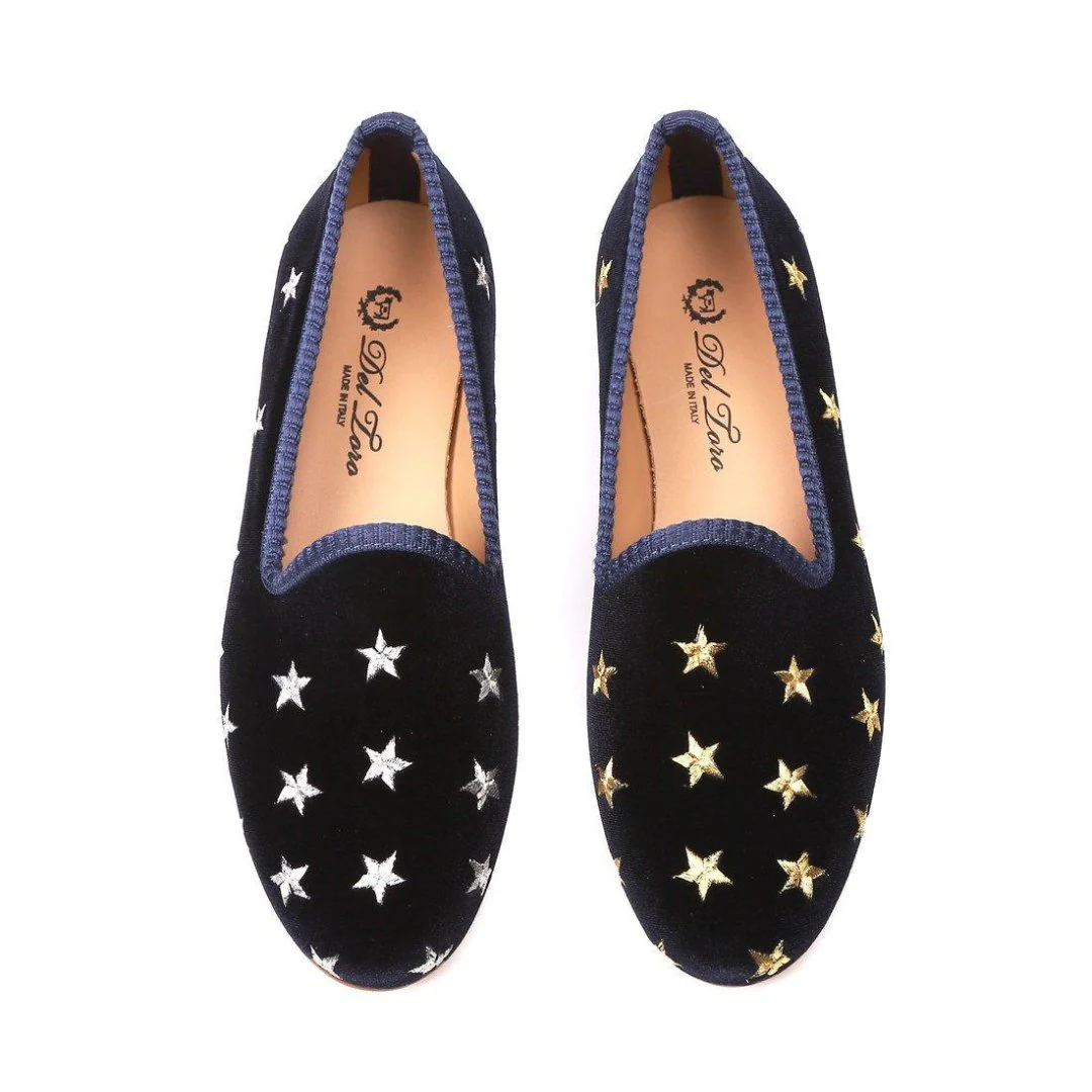 Women's Navy Velvet Gold & Silver Star Slipper - Image 5