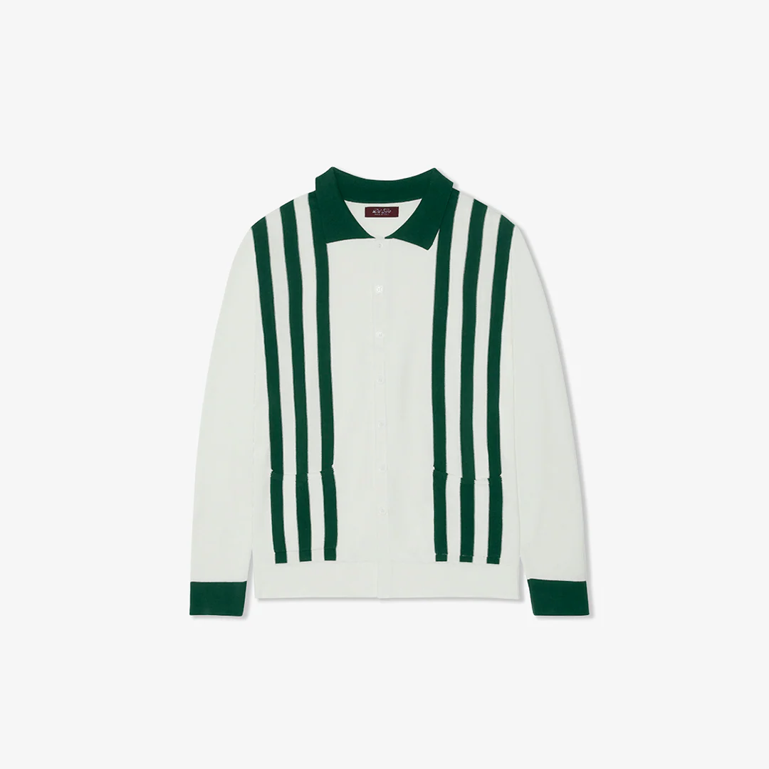Women's Vintage Stripe Polo Cardigan - Vintage White / Forest Stripe