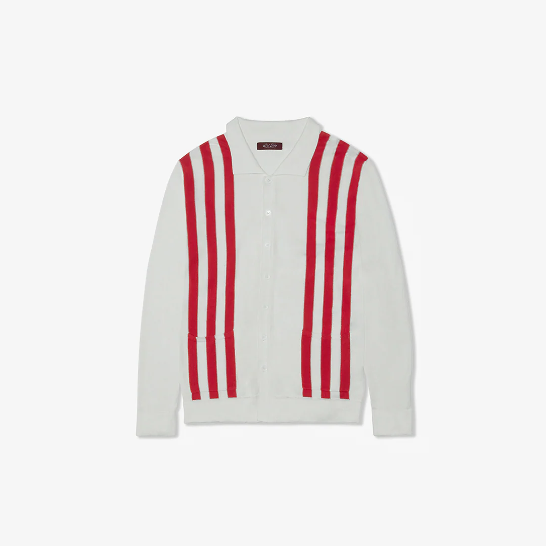 Women's Vintage Stripe Polo Cardigan - Vintage White / Red Stripe