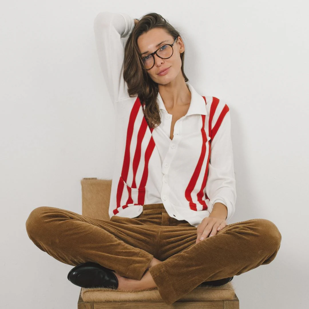 Women's Vintage Stripe Polo Cardigan - Vintage White / Red Stripe - Image 2